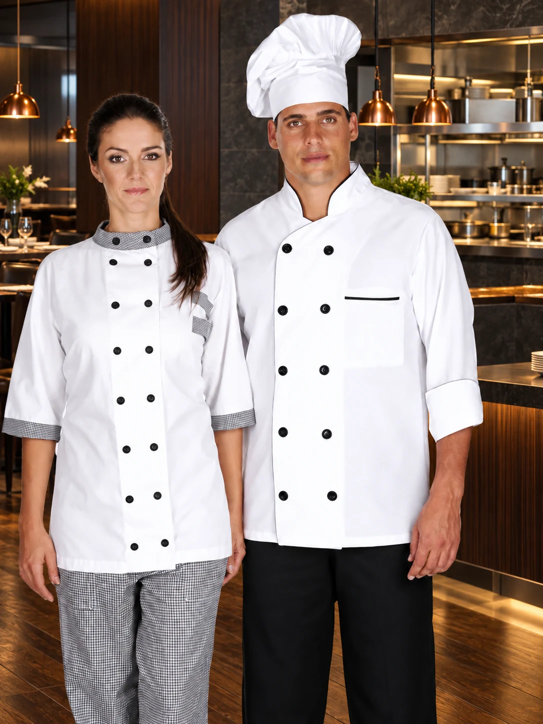 Cozinheira e chef com uniformes profissionais