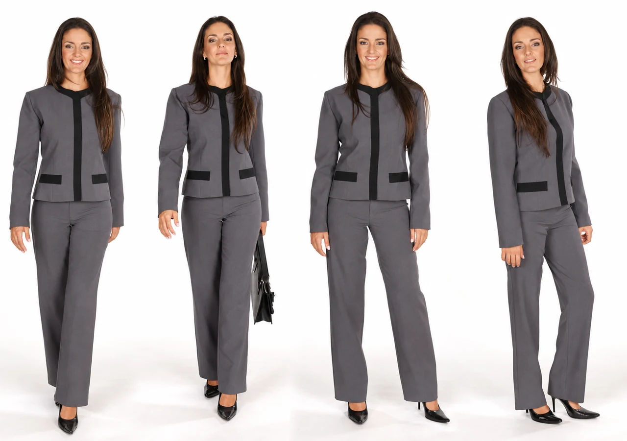 Uniforme executivo feminino cinza com detalhes pretos em quatro ângulos