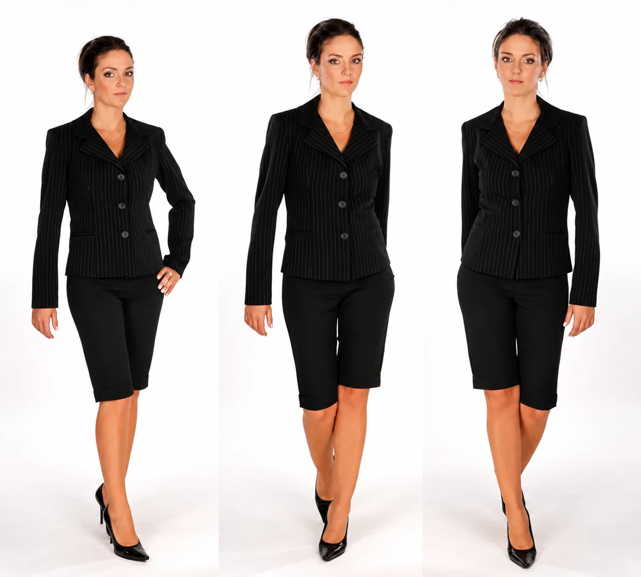 Uniforme social feminino preto com blazer e bermuda