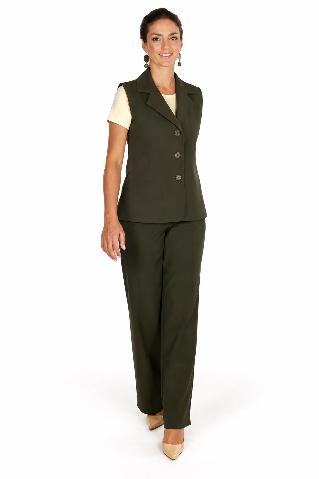 Uniforme social feminino com colete verde-oliva e calça
