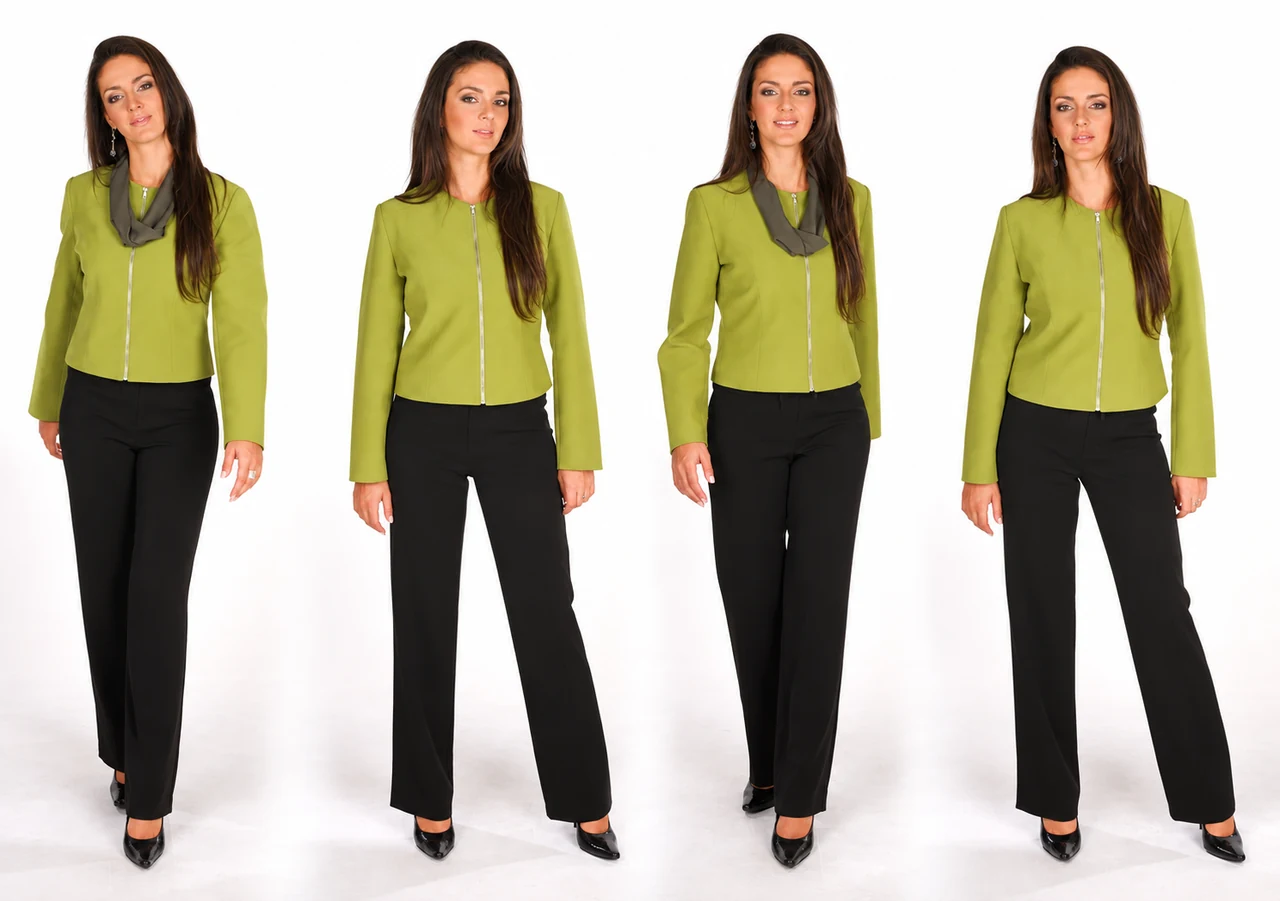 Uniforme social feminino com jaqueta verde-limão e calça preta