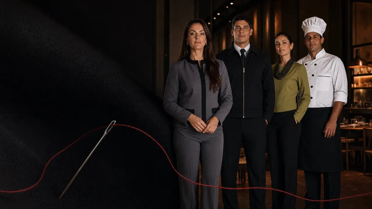 Equipe de profissionais usando uniformes corporativos, executivos e de gastronomia